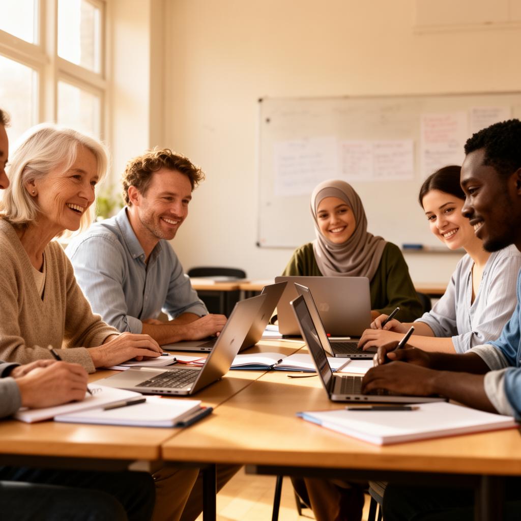 Diverse groep mensen leert samen achter een laptop