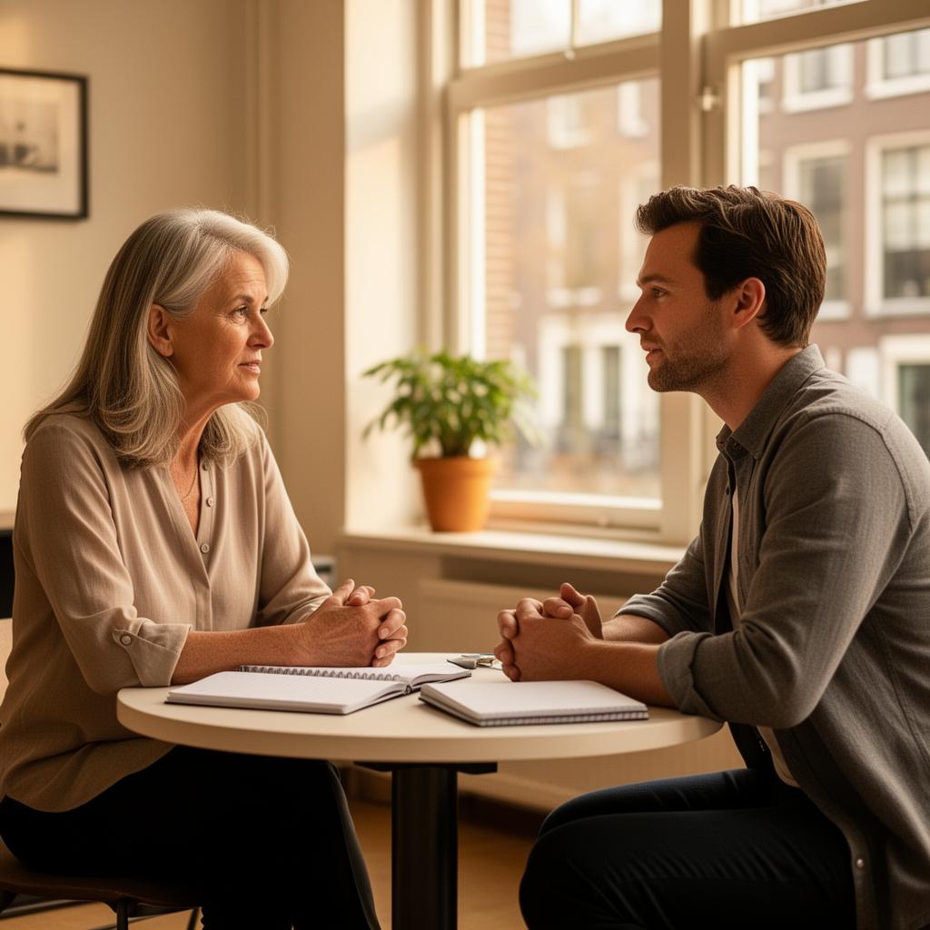 Een recruiter in coachend gesprek met een kandidaat