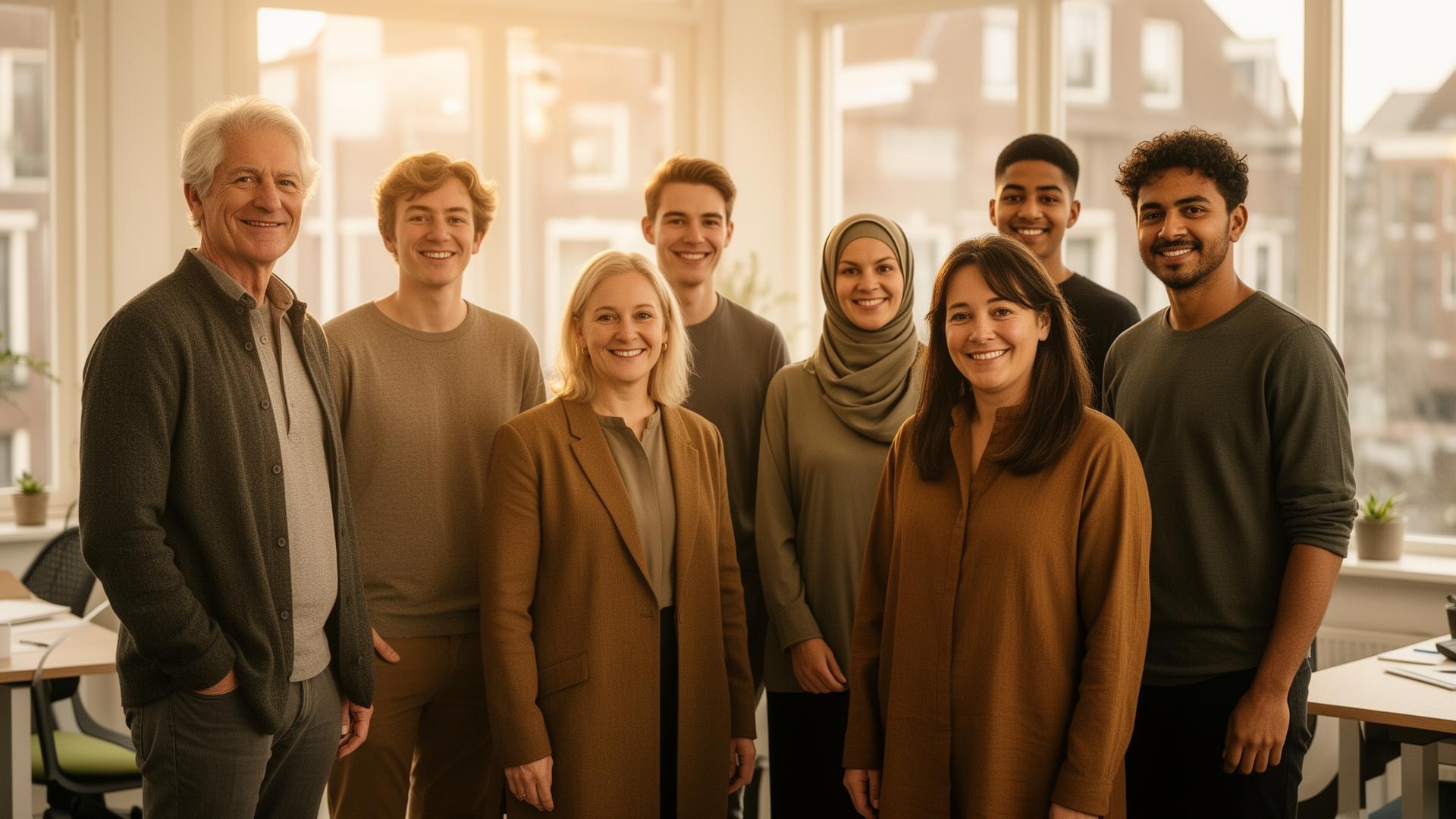 Een diverse groep mensen — senior, jong talent, herintreder, mensen met afstand tot de arbeidsmarkt — staan samen in een lichte werkruimte