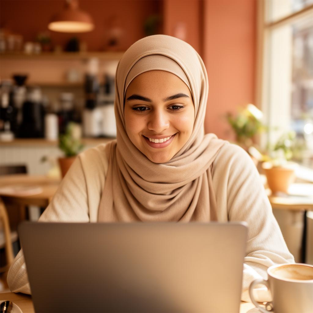 Fatima, 28, werkt aan haar laptop in een warme omgeving