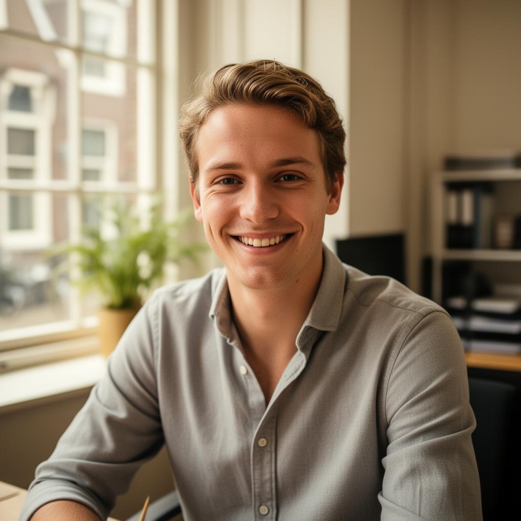 Thijs, 26, jonge Nederlandse junior accountant met vriendelijke glimlach