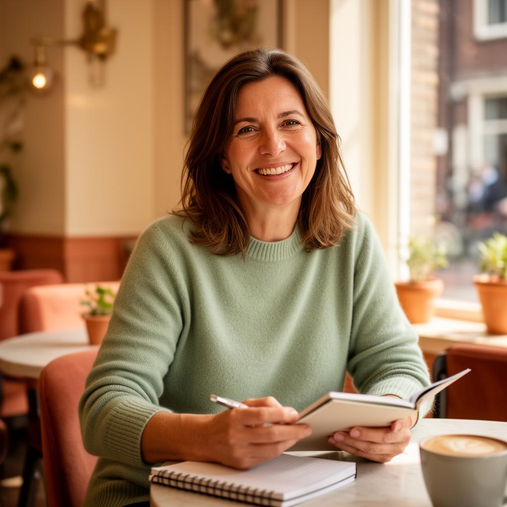 Linda, herintreder, 44 jaar, glimlachend met notitieboek