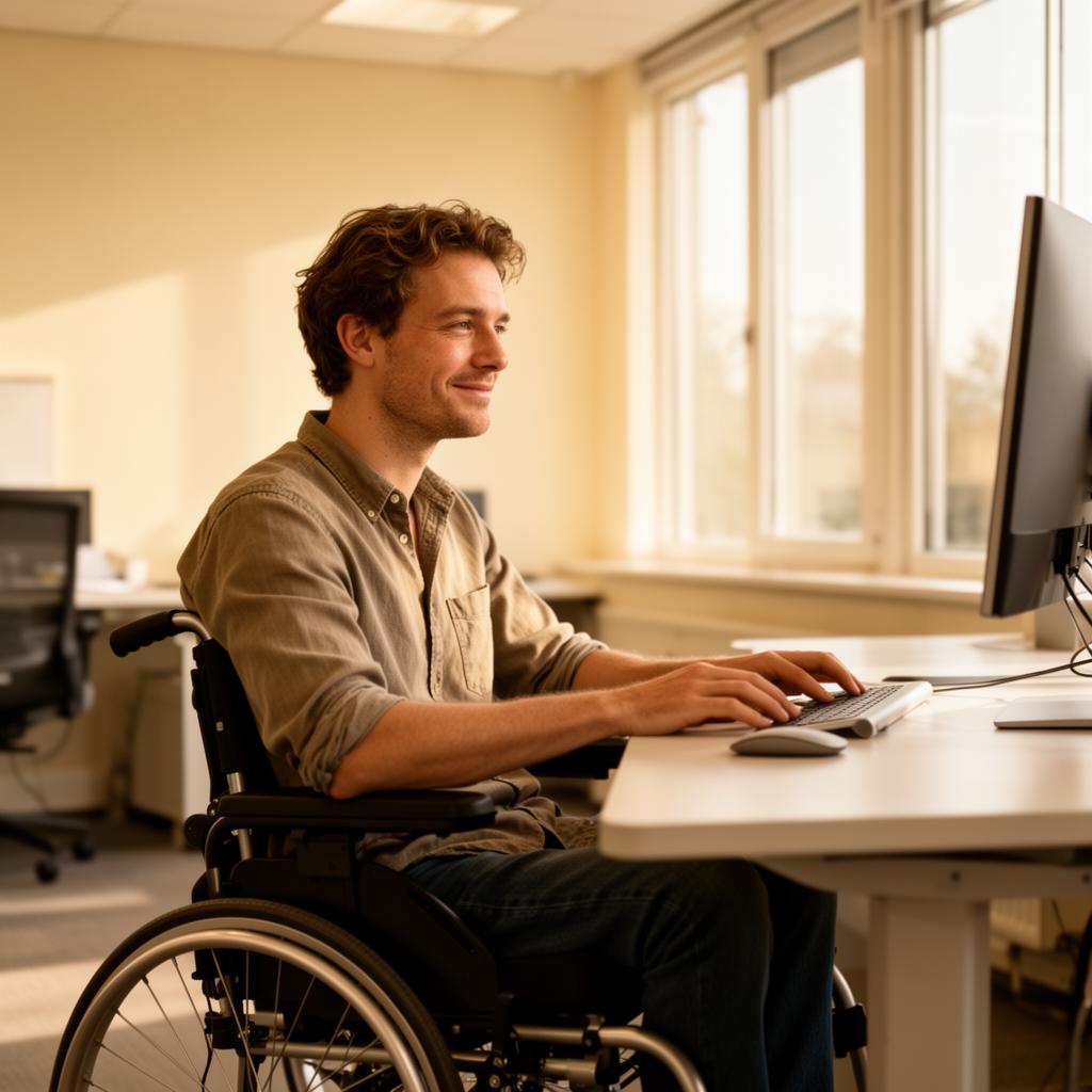 Jonge professional in een rolstoel werkt aan zijn computer in een lichte werkruimte